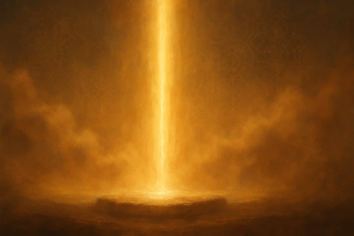 تصویر انتزاعی افقی با نور طلایی و مه معنوی که مفهوم صداقت پیامبر اسلام و حقیقت پیش از بعثت را به‌صورت نمادین نشان می‌دهد.