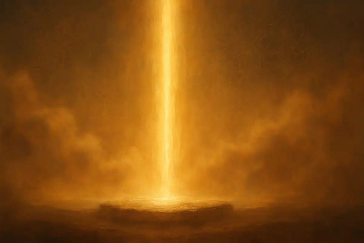 تصویر انتزاعی افقی با نور طلایی و مه معنوی که مفهوم صداقت پیامبر اسلام و حقیقت پیش از بعثت را به‌صورت نمادین نشان می‌دهد.