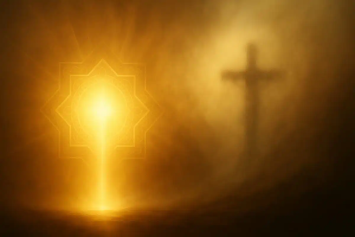 تصویر مفهومی درباره انکار تصلیب مسیح و نمایان شدن حقیقت در نور الهی